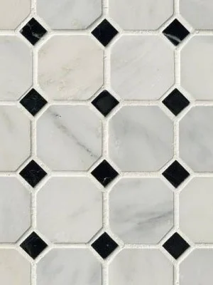 Greecian White 2" Octagon with Black 5/8x5/8 Polished in 12x12 Mesh